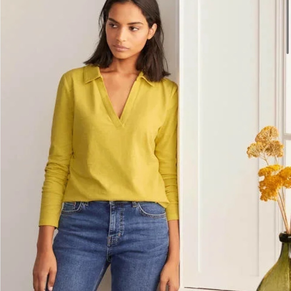BODEN The Cotton Jersey Collar Notch Tee Long Sleeve Yellow Sz XS